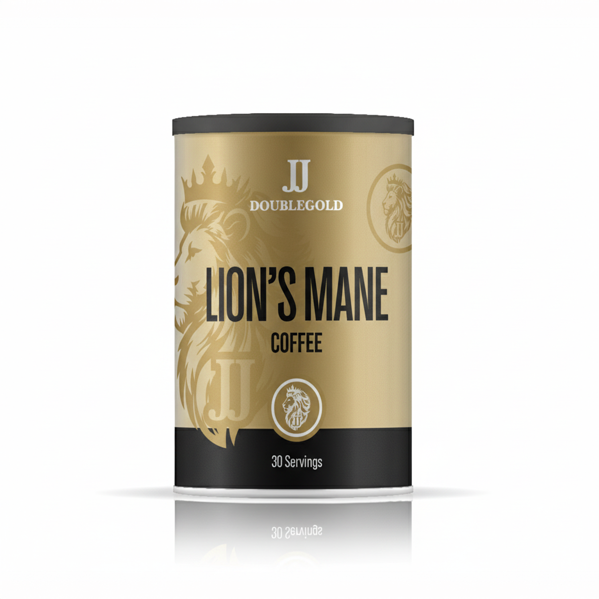 Bottle of JJ DOUBLEGOLD Lion's Mane Coffee supplements for enhanced focus and mental clarity, with capsules visible in the image.